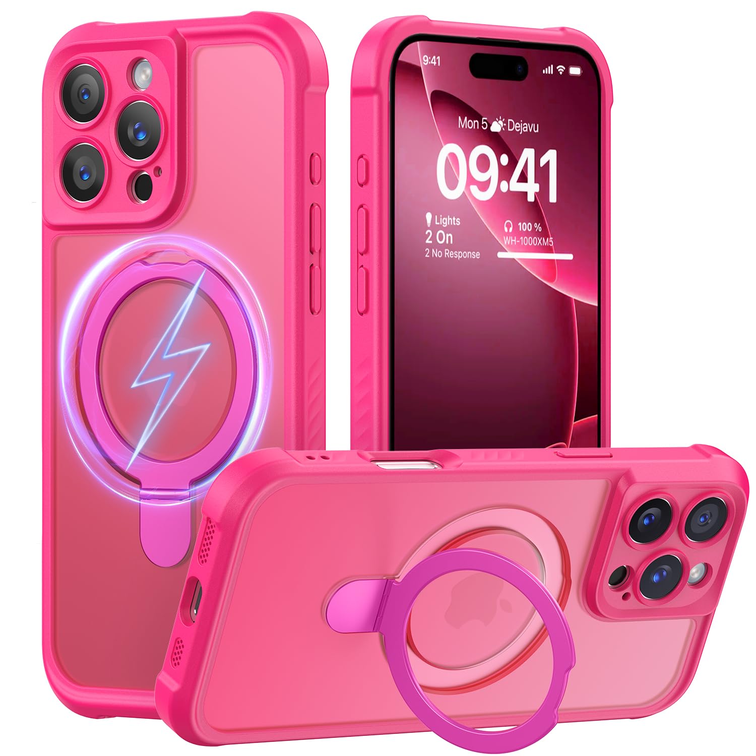 MOCCA Design for iPhone 16 Pro Max Case with Magnetic Invisible Stand [Full Camera Protection] [Compatible with Magsafe] Military Drop Shockproof Translucent Matte Phone Case Cover 6.9",Hot Pink