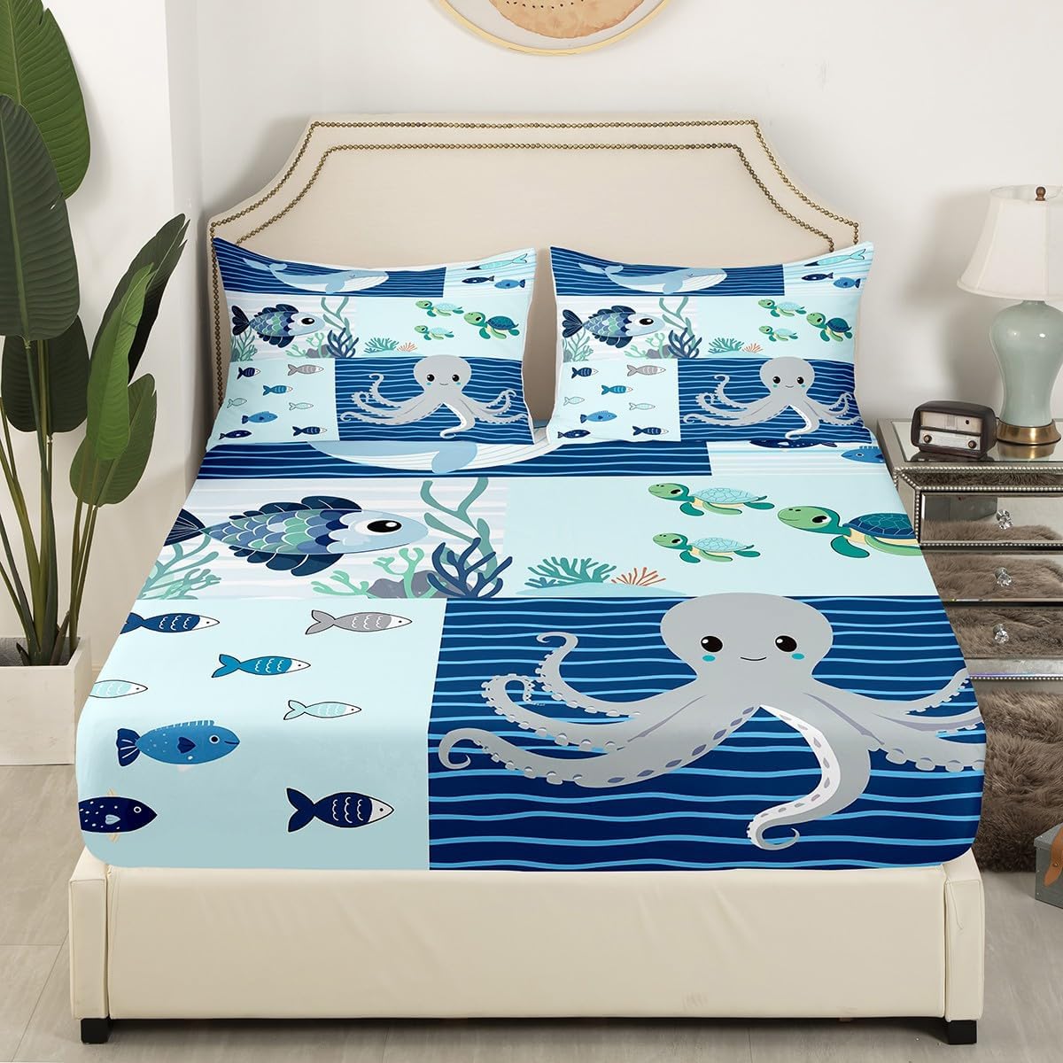 Cute Octopus Bedding Set Twin Size Navy and Blue Bed Set for Girls Teens Bedroom Decor Kids Underwater World Fitted Sheet Soft Microfiber Whale and Turtle Bed Cover(1 Fitted Sheet+1 Pillow Case)