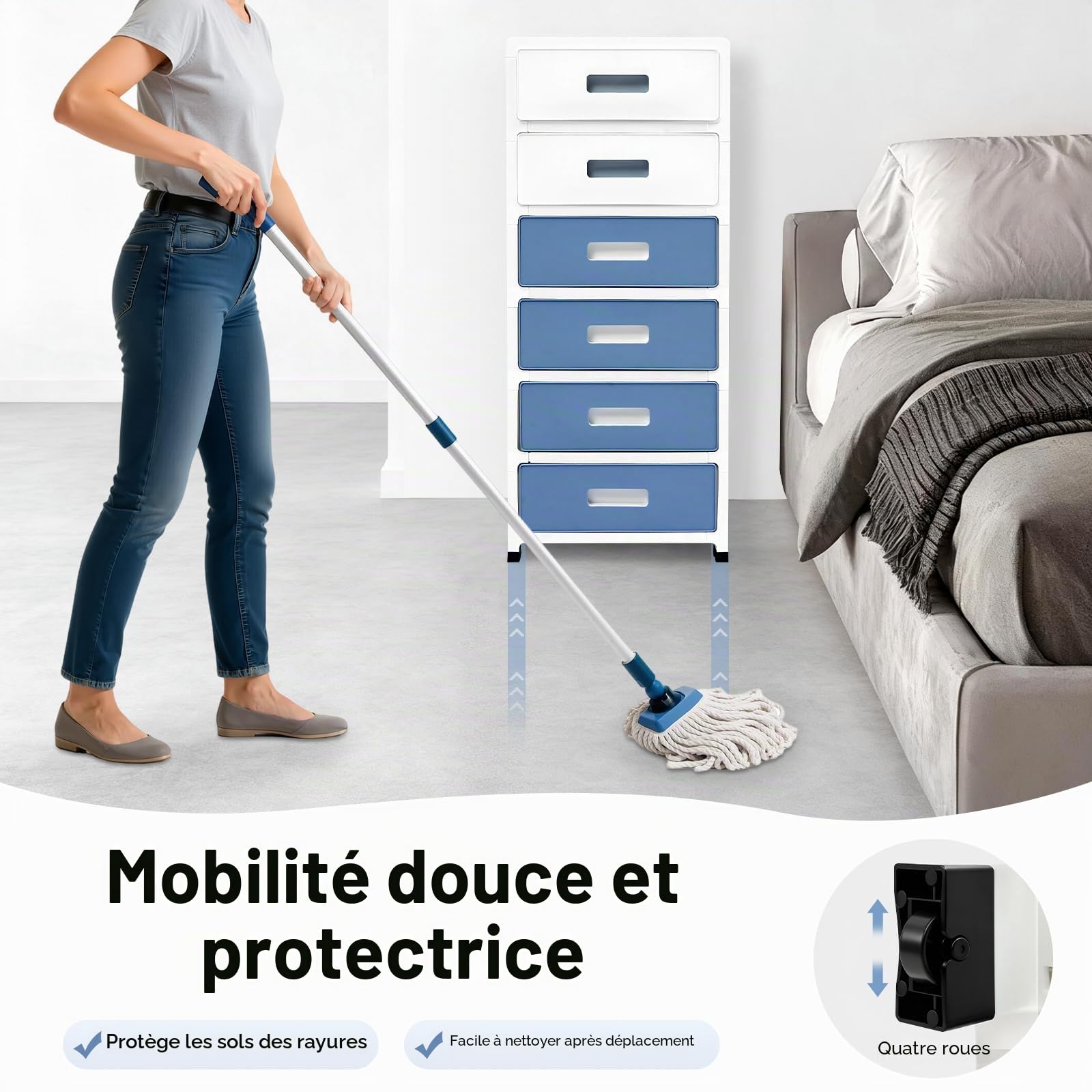 Meuble de rangement à 6 tiroirs, en plastique, avec roulettes, tour de rangement avec tiroirs et roulettes pour chambre à coucher, bureau