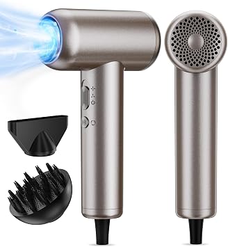 Hair Dryer,160000 RPM Professional HighSpeed lonic Blow Dryer for Fast Drying 500 Million Negative lons Blow Dryer with Diffuser for All Hair Types Lightweight for Home and Travel Silver Brown