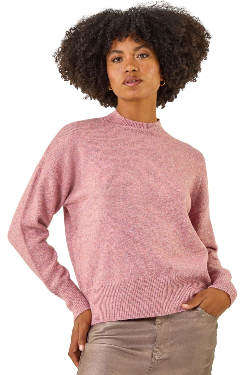 Roman Originals Women's Shell Pink Diamante Sequin Jumper For Uk Sparkly Glitter Sweater Embellished Smart Casual Autumn Winter High Neck Knitwear Knitted Pullover - Size 10