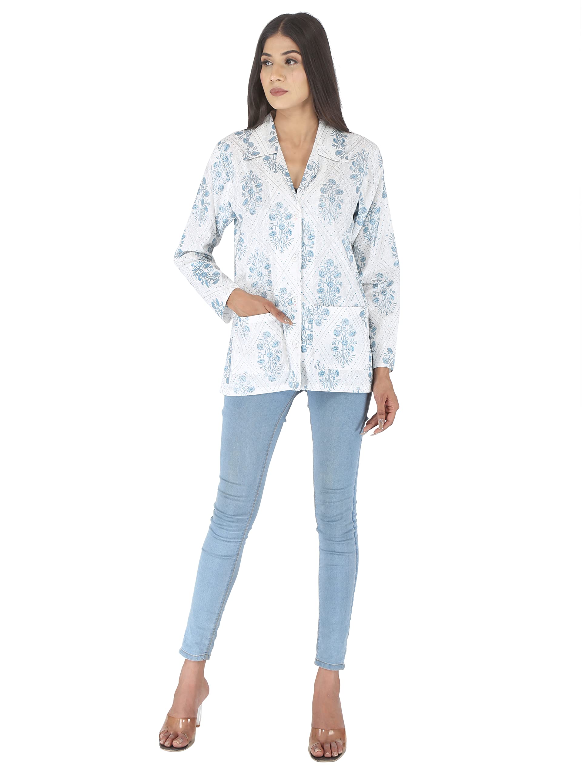 CHARVI Women Cotton Standard Length Floral Printed Summer Coat|Helps to Protect From Sunrays,Dust Pollution,Sunburn,Tanning of Skin|Ideal for Driving,Hot Summers,Traveling- (BHC27_44_White & Blue) - Image 5 thumbnail
