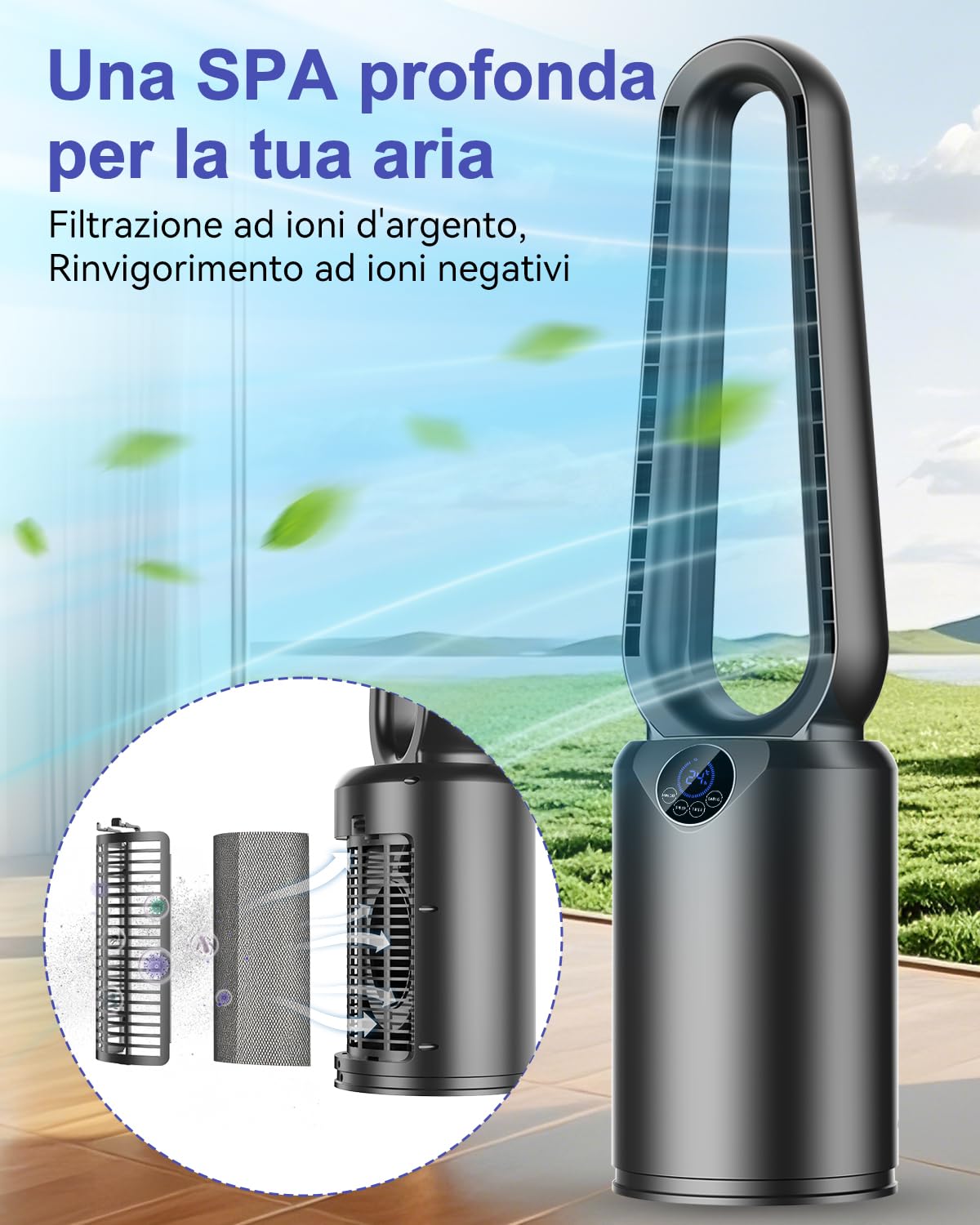 Ventilatore a Torre senza Pale/Silenzioso (25dB), 85 cm con Oscillazione 90° - Telecomando, Timer 12 ore, Purificatore d’Aria, 24 Velocità & 3 Modalità - per Camera da Letto/Casa/Ufficio/Portatile
