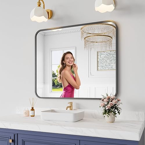 Koonmi Bathroom Mirror, 30X36 Inch Black Metal Framed Mirror for Bathroom, Tempered Glass, Anti-Rust, Rounded Rectangle Mirror for Restroom, Bedroom, Black
