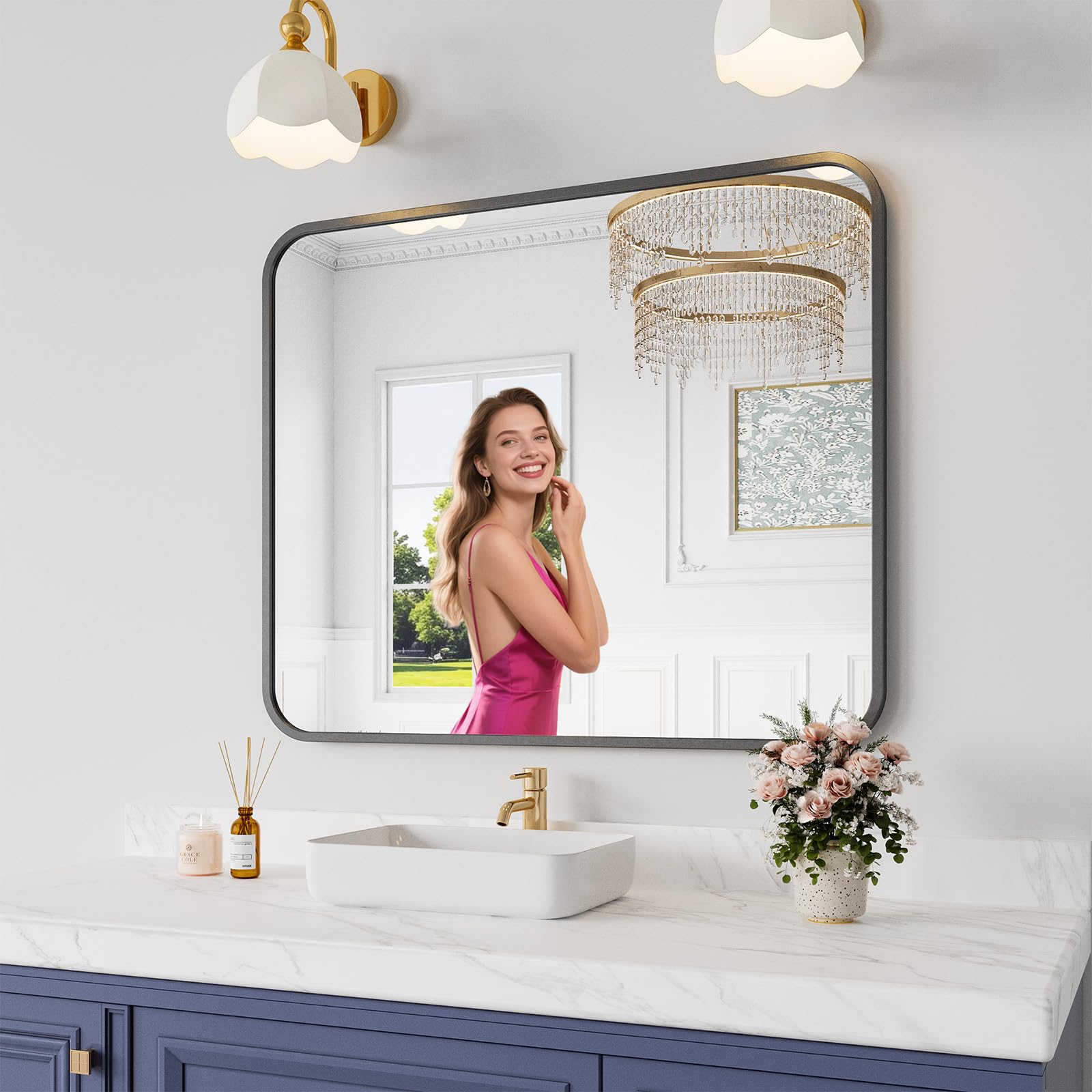 Koonmi Bathroom Mirror 30X36 Inch Black Metal Framed Mirror for Bathroom Tempered Glass Anti-Rust Rounded Rectangle Mirror for