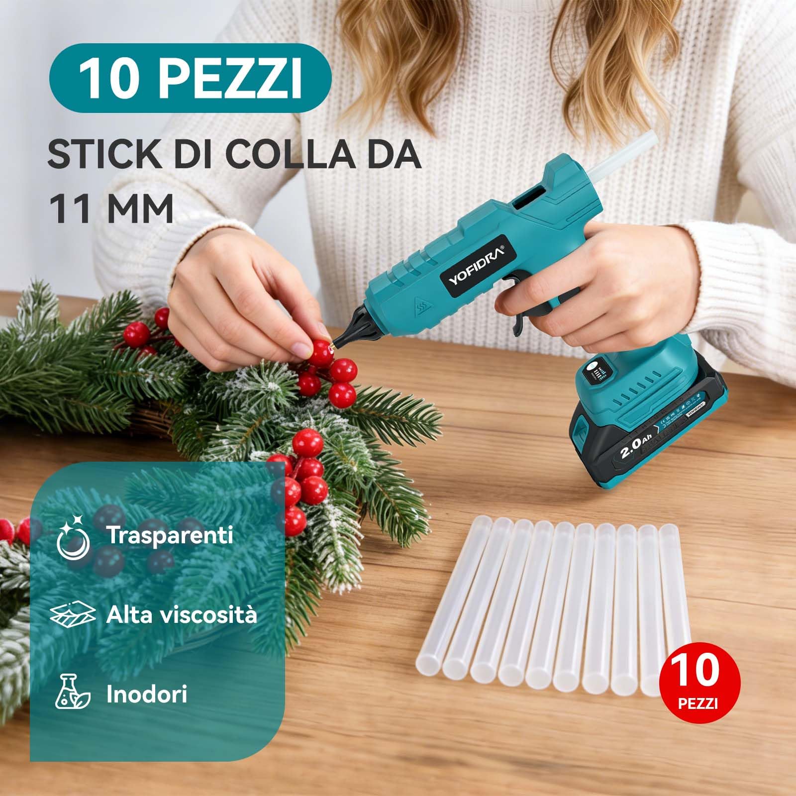 Yofidra Pistola a Colla Calda 100W Senza Fili - Pistola a Colla Calda con 10 Colla Stick (11mm), 2 Batterie 2.0Ah e Caricabatterie, Riscaldamento Rapido, Ideale per DIY, Riparazioni e Lavori Manuali