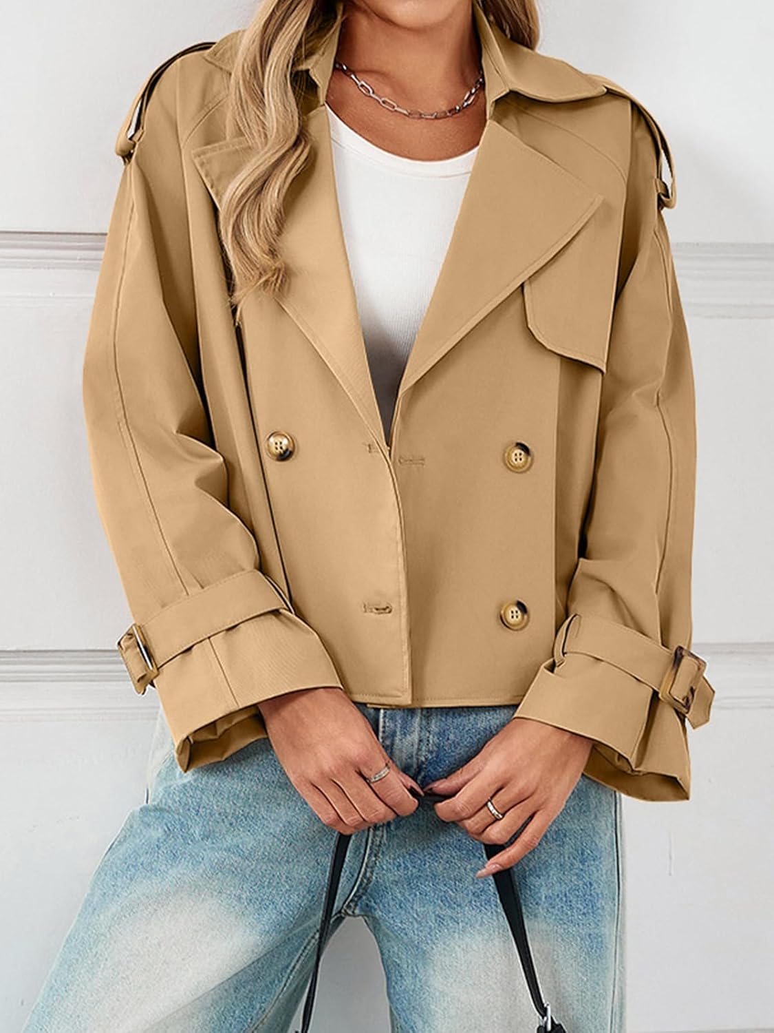 Tankaneo Womens Cropped Trench Coat Oversized Double Breasted Lapel Long Sleeve Short Jacket Fashion Outerwear - Image 2