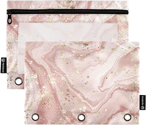Kigai Carpeta de mármol para lápices con 3 anillos, estuche con cremallera y bolsa transparente para lápices, paquete de 2 unidades para organizar
