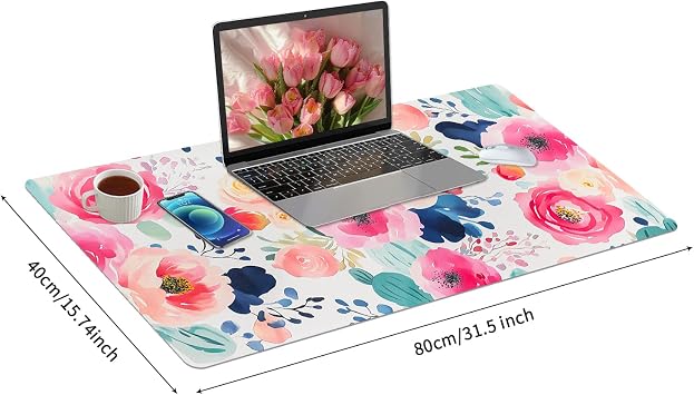 Bloss Pink Floral Desk Mat Cute, Leather Desk Pad, 31.5 x 15.7 Inch | Desk Matt for Desktop, Waterproof Desk Pad Mat, Computer Mat for Office Work/Home/Decor/Desk Protector