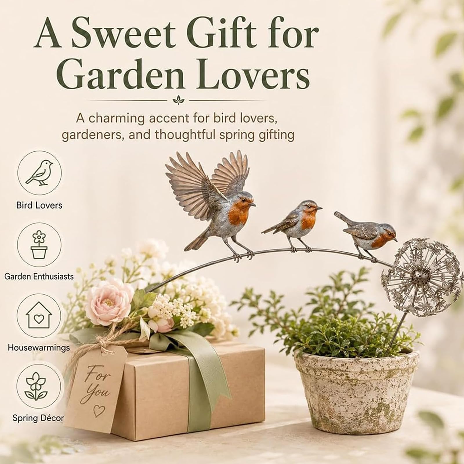 Generico Paletto da giardino con pettirosso, 3 uccelli pettirosso e disegno di dente di leone, paletto da giardino per esterni per passerella su aiuola di fiori nel patio (2PCS)