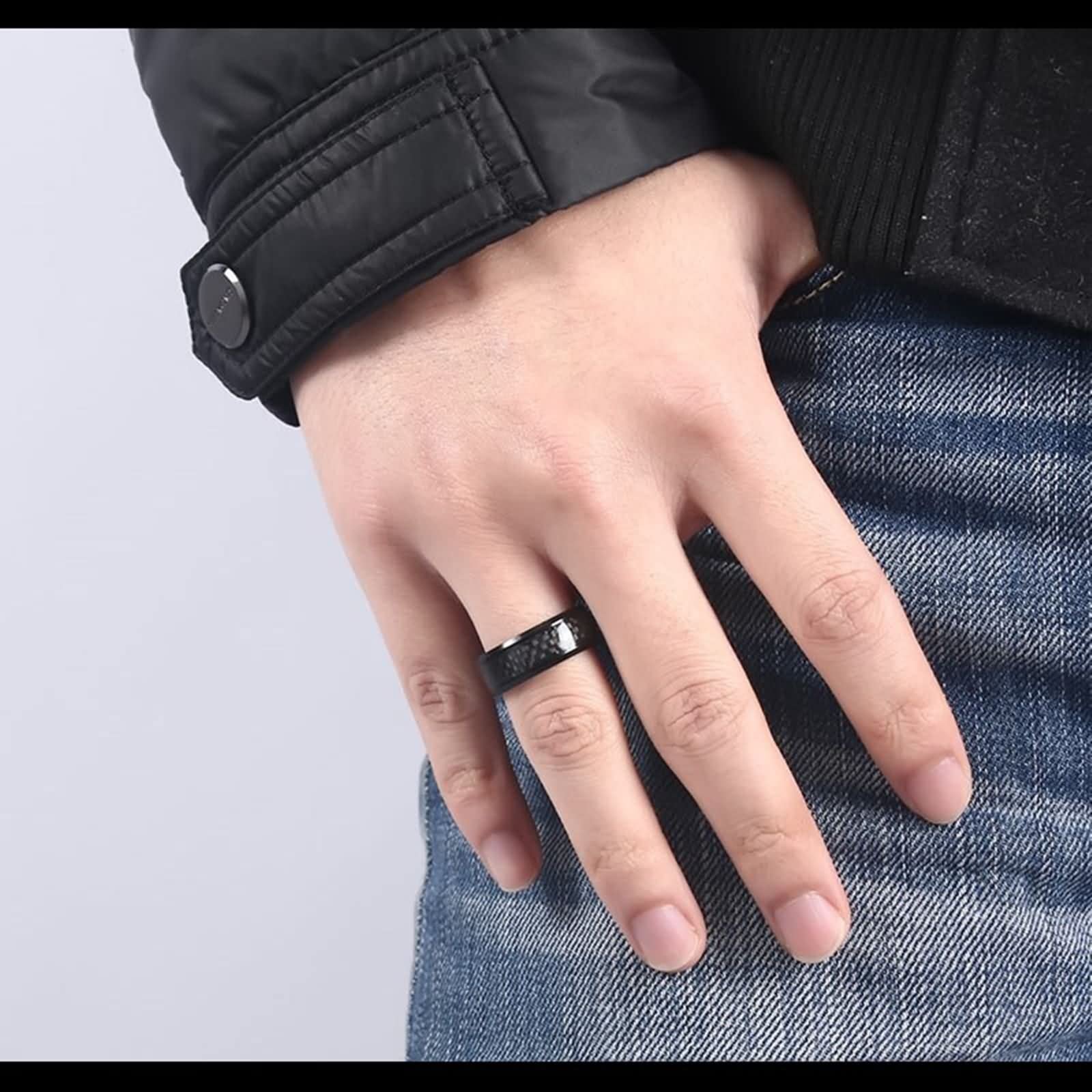 AmDxD Collar par, anillo de acero inoxidable, colgante de fibra de carbono, cadenas negras, 2 unidades para mujeres y hombres (ancho 8 mm, cadena para hombre 60 cm, cadena de 50 cm), Acero