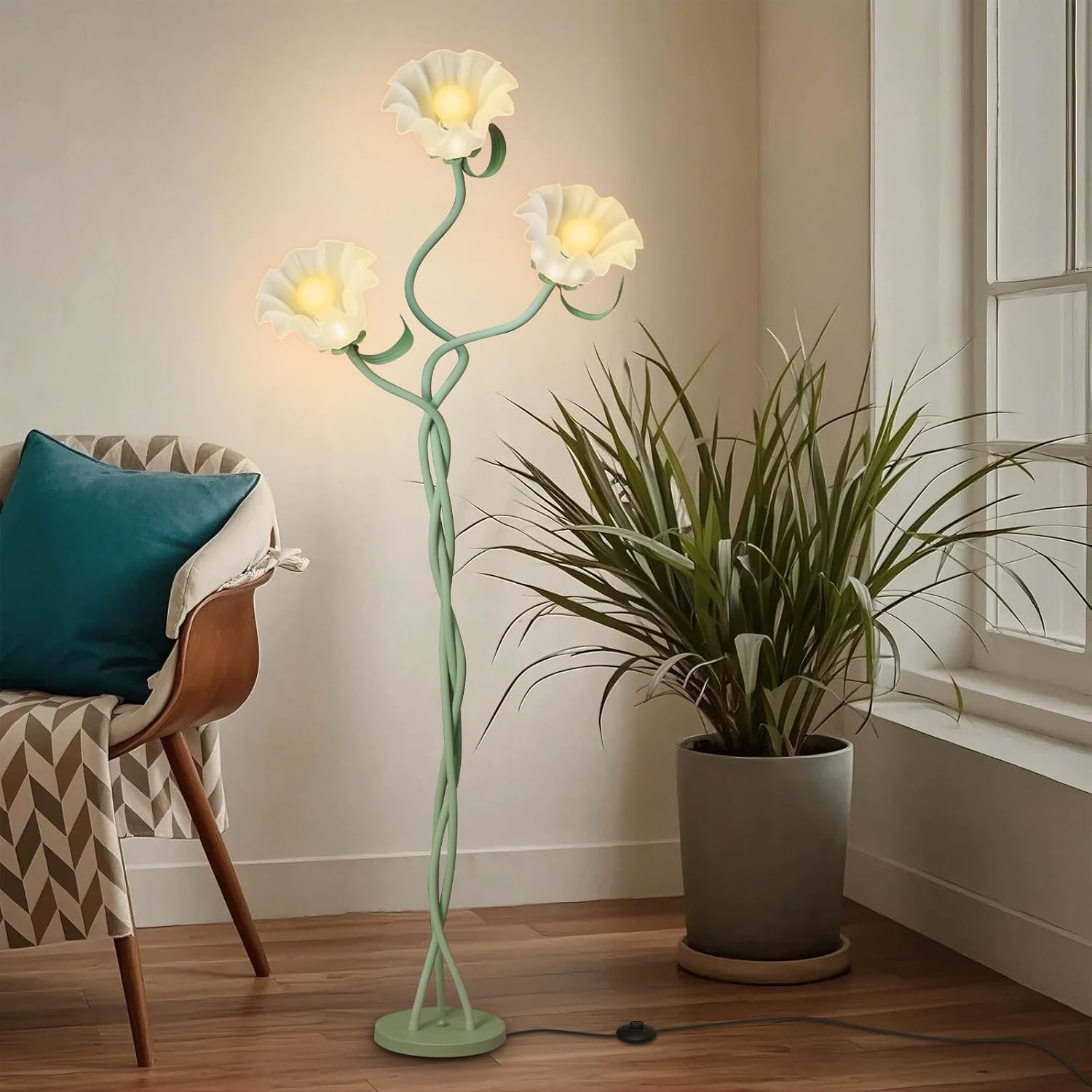 Vintage 3 Heads Flower Floor Lamp for Living Room,3 Color Modes LED Modern Corner Standing Lamp with Goosenecks, Bright Tall Cute Dimmable Lamp for Kids Reading Girls’ Bedroom Office Home Decor(Green)