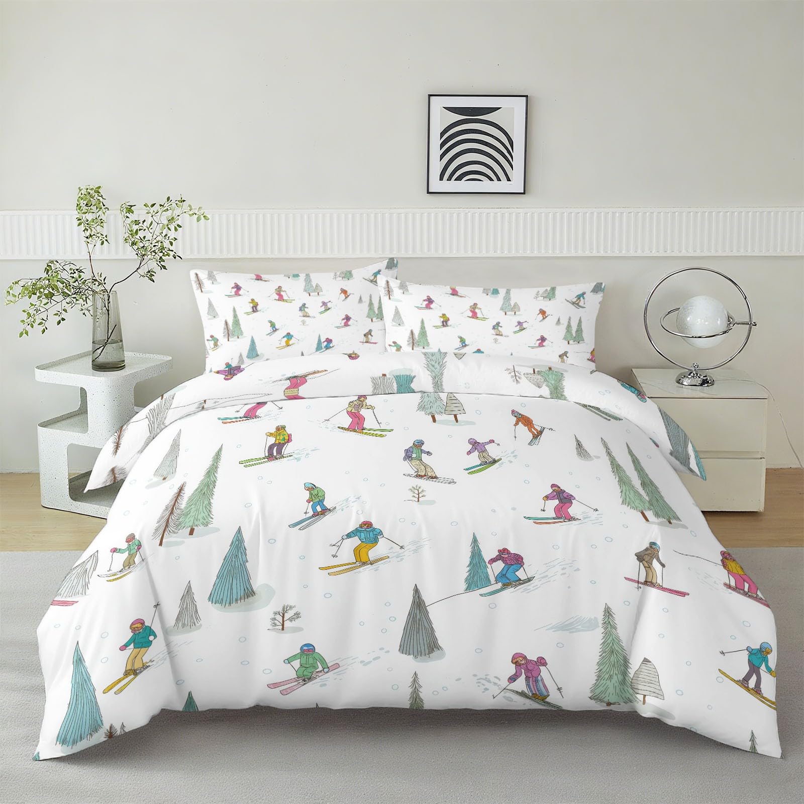 Générique Komplet pościeli 240 x 220 cm, poszwa na kołdrę z mikrofibry z 2 poszewkami 65 x 65 cm, motyw sportowy z kreskówki, narciarz, szpilki na kołdrę, zamek błyskawiczny, szałwiowa zieleń, 2 osoby