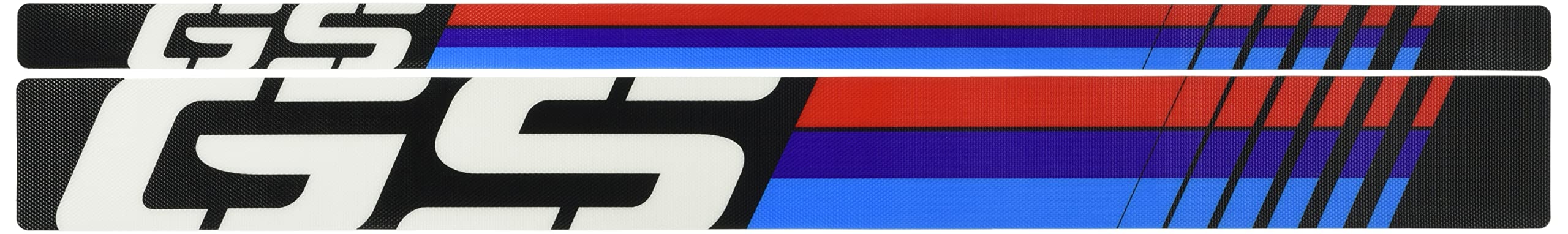 Puig Rim Strips applied to a motorcycle wheel, showing the 'GS' logo and colored stripes.