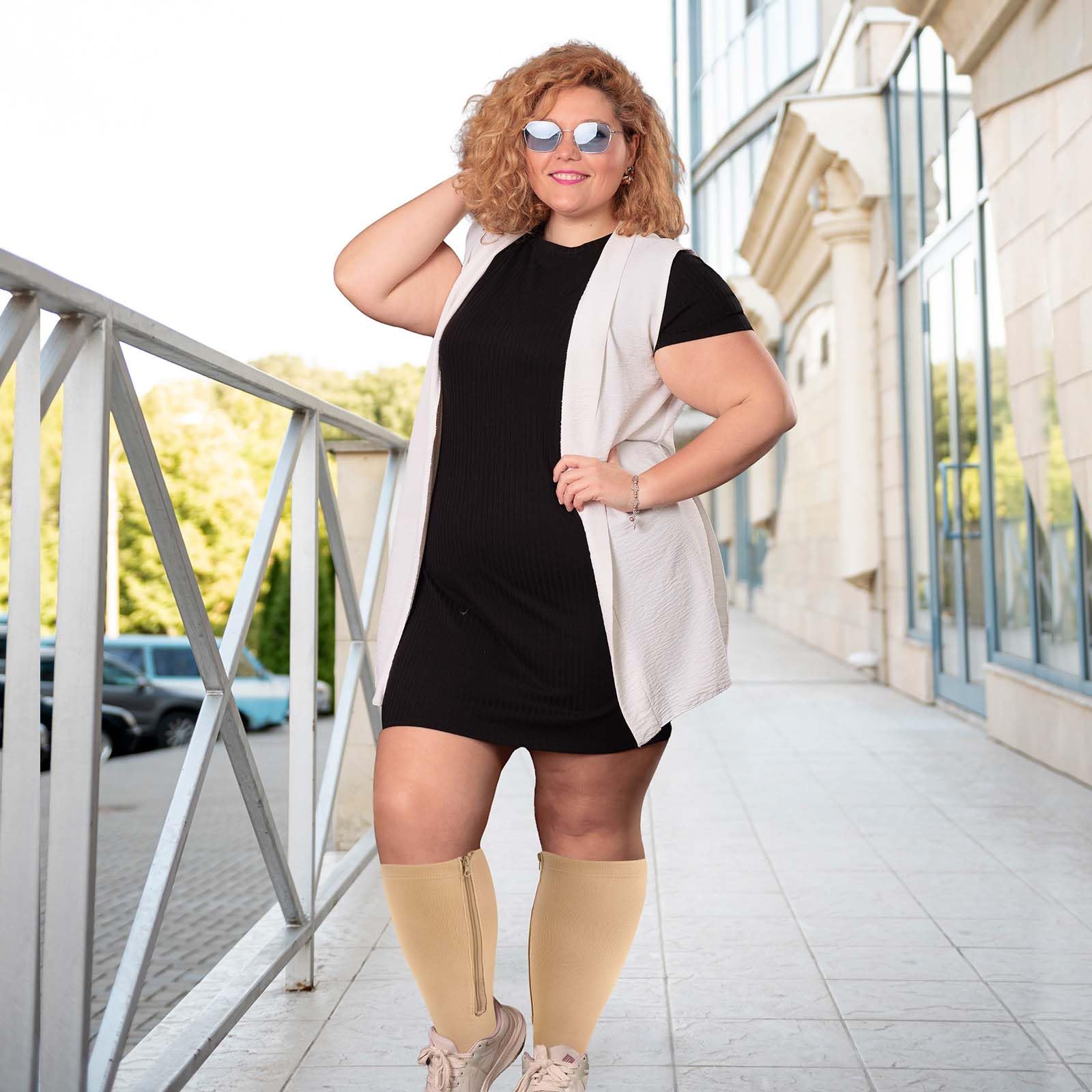 PUTUO Medias de Compresion Talla Grande: Calcetines de Compresión con Cremallera Punta Abierta para Hombre y Mujer 1par