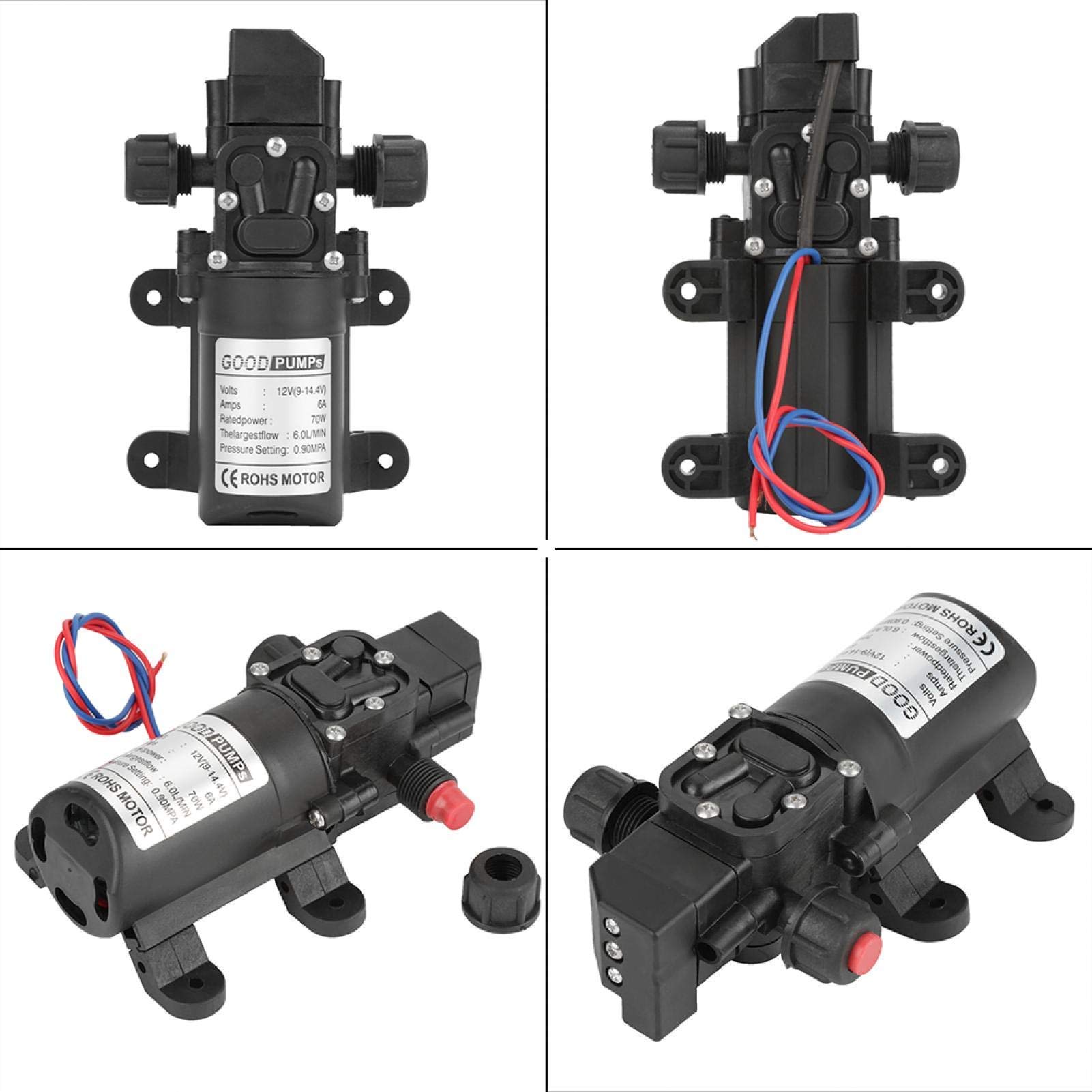 70W Bomba de Diafragma de DC12V, Bombas de Agua de Diafragma de Alta Presión Bomba Pulverizadora Eléctrica Autocebante para Jardín de 12V 6L/Min, para Caravanas, Autocaravanas, Embarcaciones Marinas