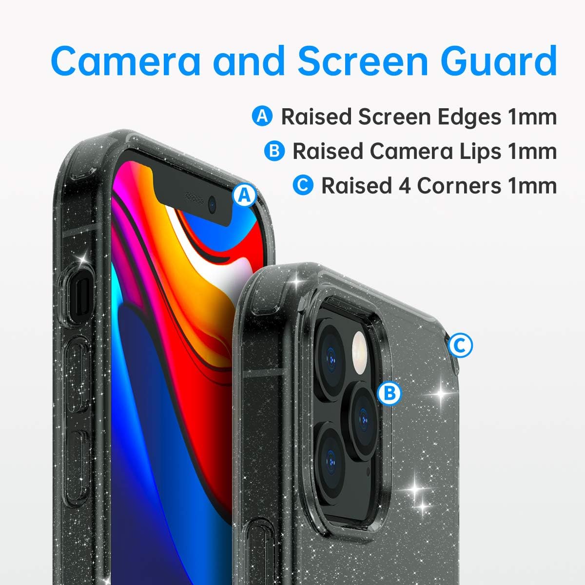 Meifigno Glitter Compatible with iPhone 12/12 Pro Case, Hard PC with Soft TPU Edge, [Military Level Protection][Green Materials], Clear Case Designed for iPhone 12/12 Pro 6.1" 2020, Glitter Black