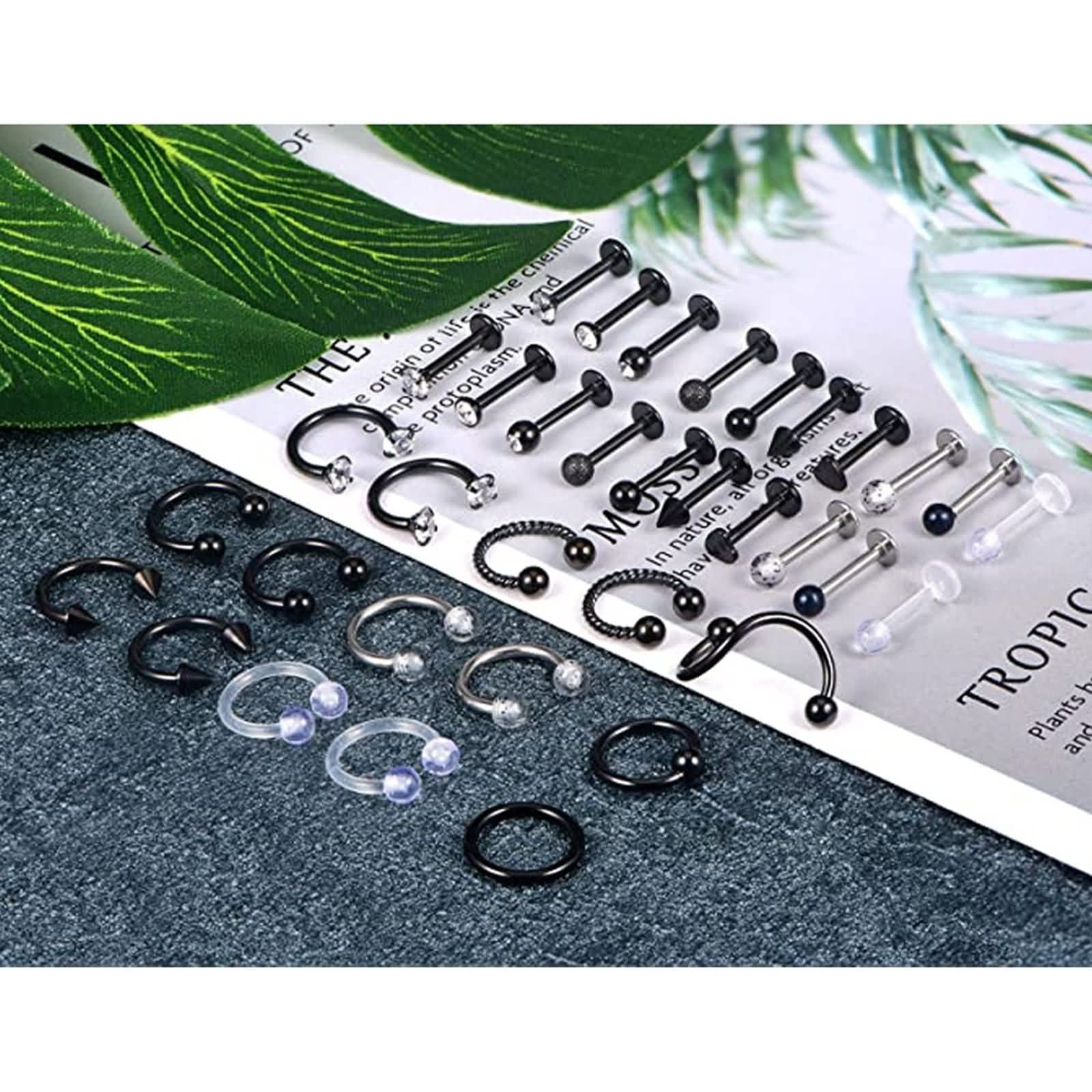 Nasenpiercing Set, Augenbrauen Piercing Edelstahl Zirkonia Einzigartiges Design Schmuck Zunge Lippe 35 Stück Damen Geschenk