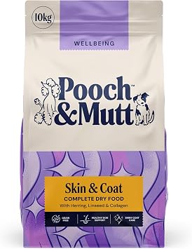 Pooch & Mutt - Skin & Coat Complete Dry Dog Food Grain Free Regular Sized Kibble, for Dry and Itchy Skin, Herring and Linseed, 10kg packaging may vary