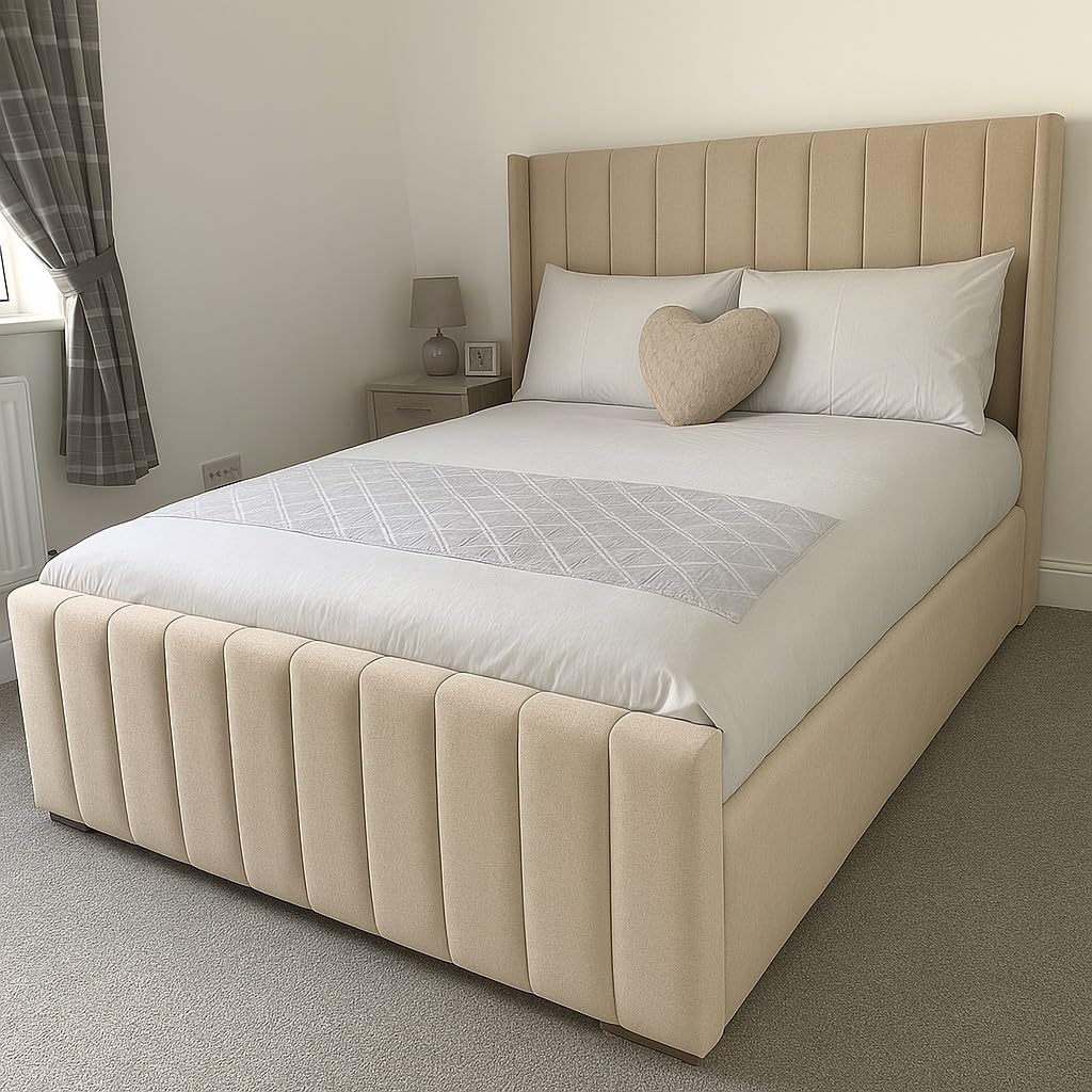 COZY HUB LTD Wingback Panel Slat Upholstered Bed Frame with Vertical Panel Headboard & Footboard | Wooden Slatted Base | Modern Bedroom Furniture | No Mattress No Storage (Cream, Single)