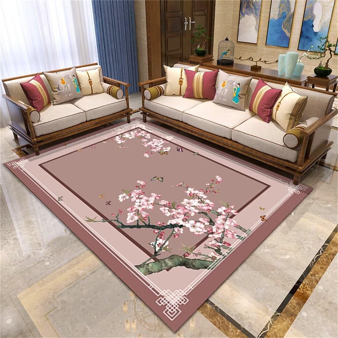 Tapis de salon deco floral rose pour bureau et chambre de fille