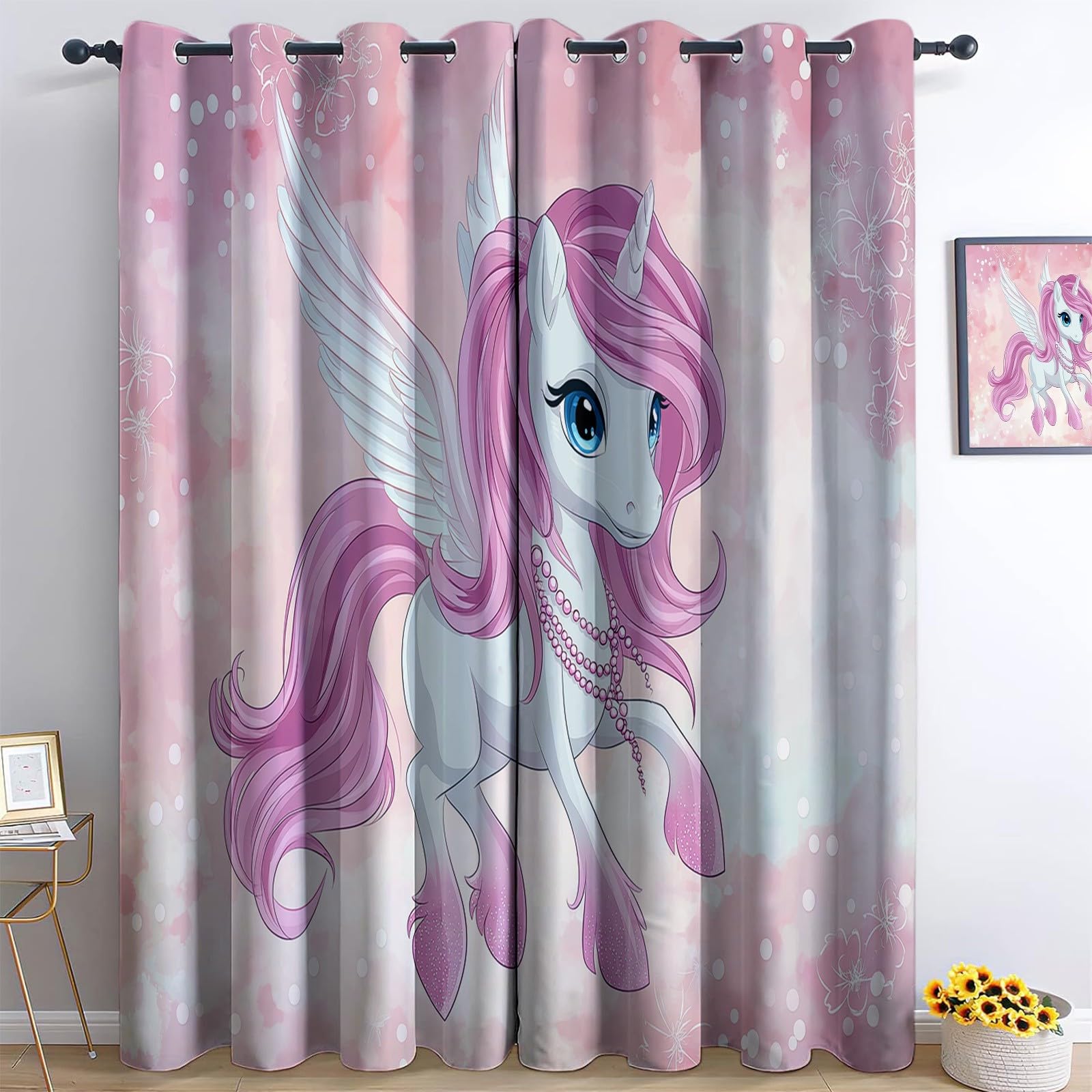 Blackout Curtains Bedroom 29.5” W x 65” L (2 Panels), Cartoon Unicorn Thermal Insulated Curtains, for Kids Room Living Room Drapes – Pink Thermal Insulated Light Blocking Curtain Grommet Top