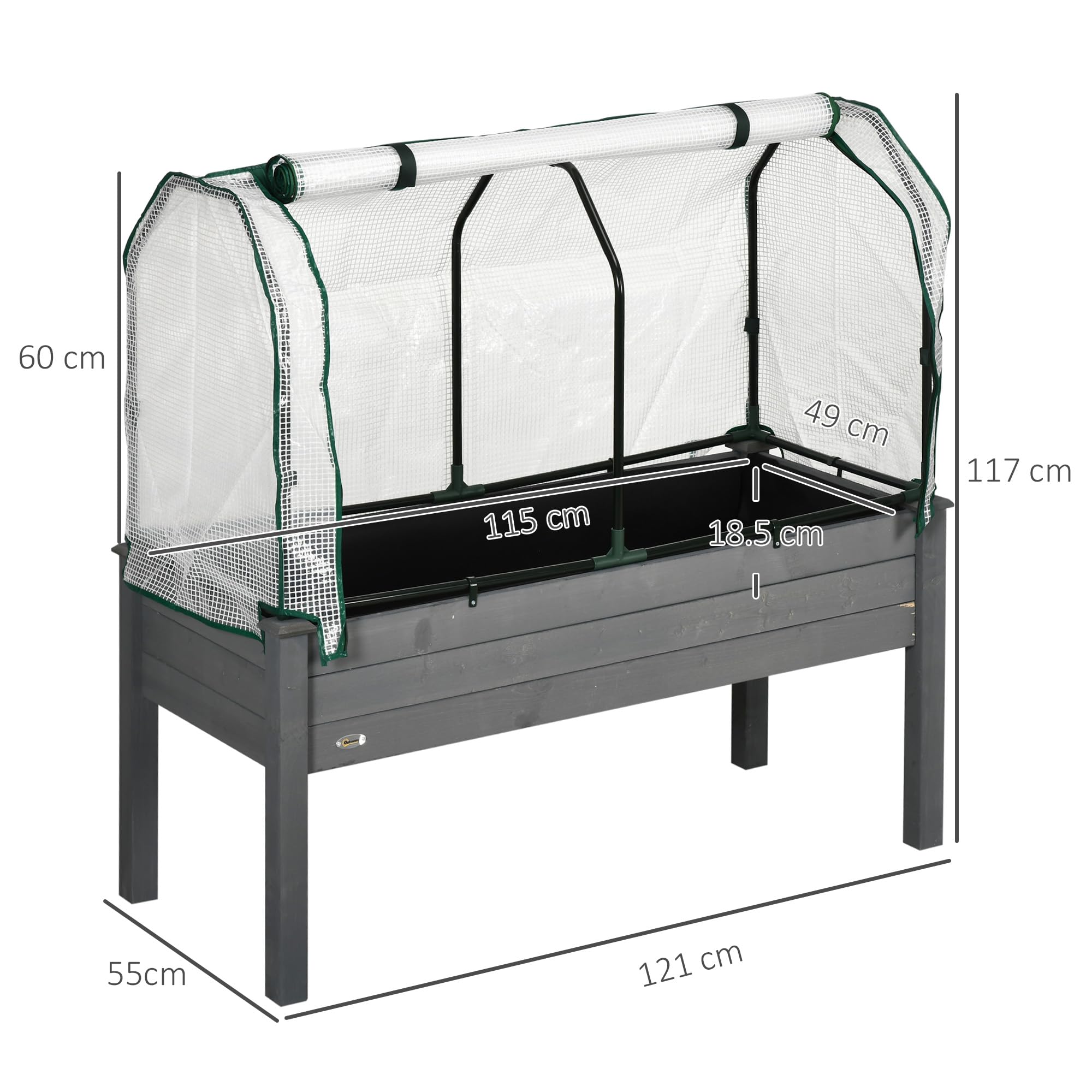 Outsunny Letto per Orto Rialzato con Copertura in PE, Fioriera Rialzata da Esterno in Abete con 4 Fori di Drenaggio, per Fiori e Verdure, per Giardino, Balcone, 121x55x117 cm, Grigio Scuro