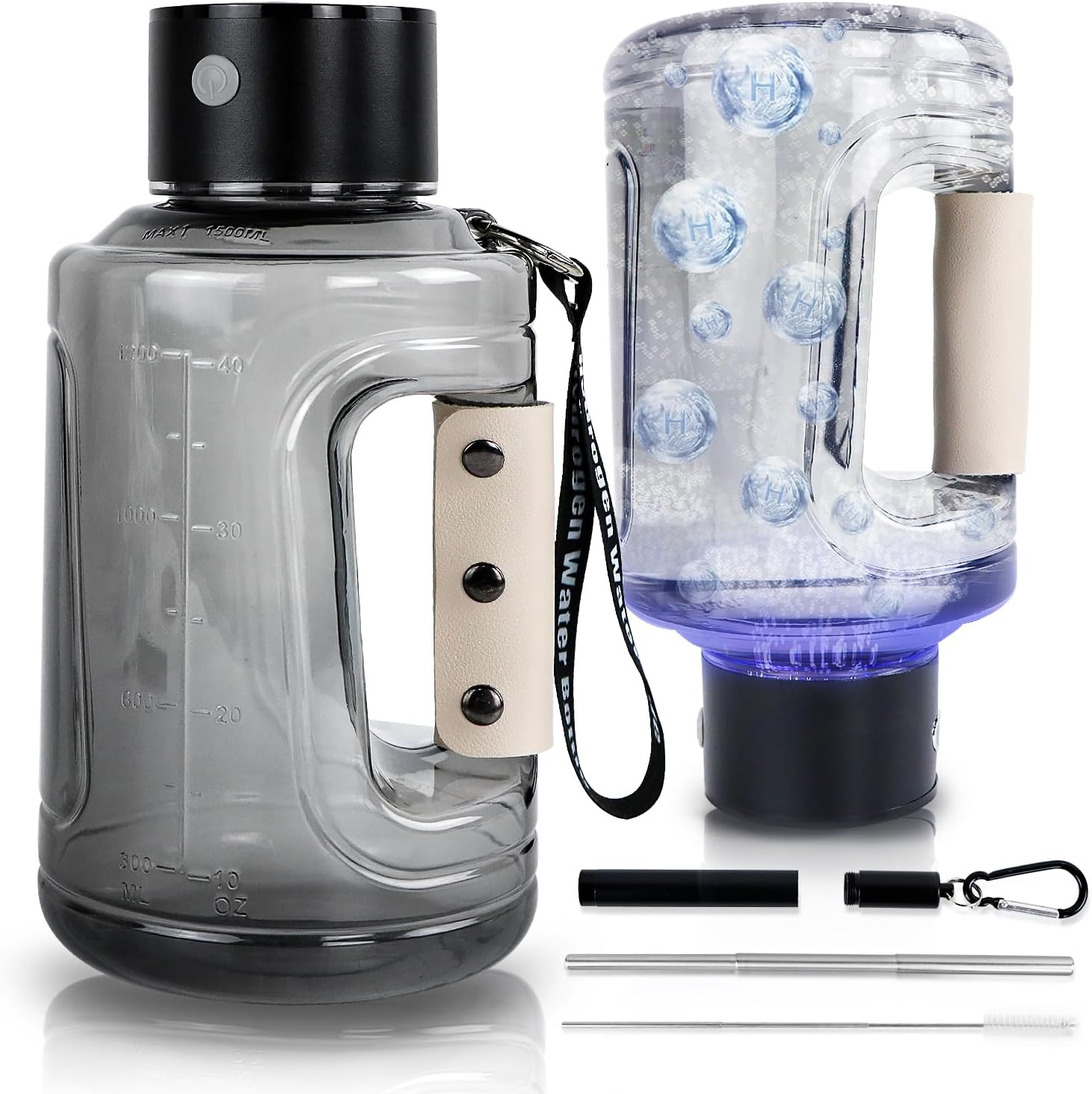 Hydrogen Water Bottle With Portable Foldable Straw, 57OZ/1.5L Large Portable Rechargeable Hydrogen Water Generator with SPE Technology for Home, Office, Travel, Drinking, Outdoor Adventure