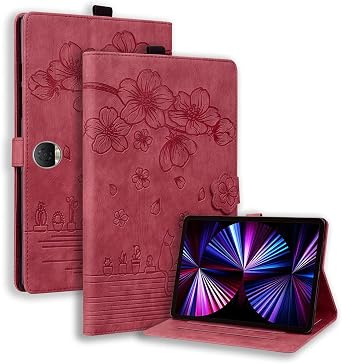 IVY PU Leather Wallet Case for Honor Pad 9 12.1 inch - [Cherry Blossom Cat][Kickstand Flip][Angle Adjustment] - Red