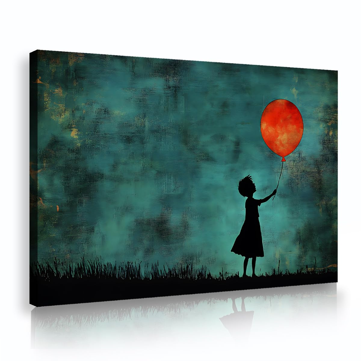 Via Vela Vintage Girl With Red Balon Canvas Wall Art Abstract Blue Green Starry Sky Painting Nostalgic Sylwetka Malarstwo do Home Office Studio Decor 70x105cm