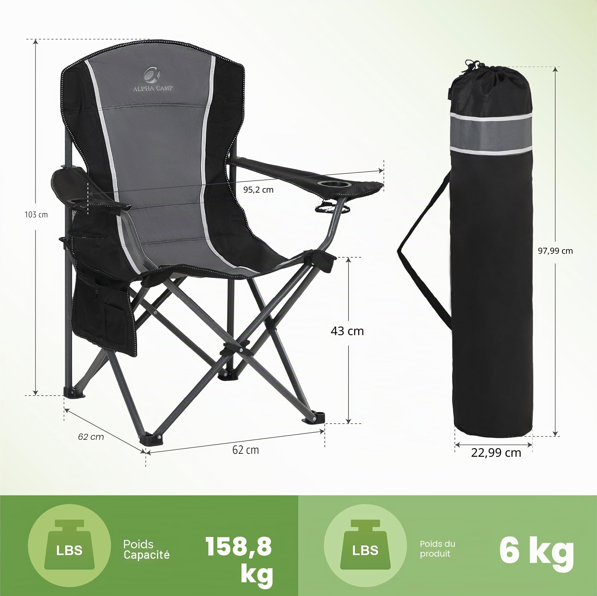 LET'S CAMP Chaise de Camping Pliable avec Porte-gobelets, Sacs de Rangement, Sac de Transport en Acier jusqu'à 160 kg, pour Le Camping, Les Voyages