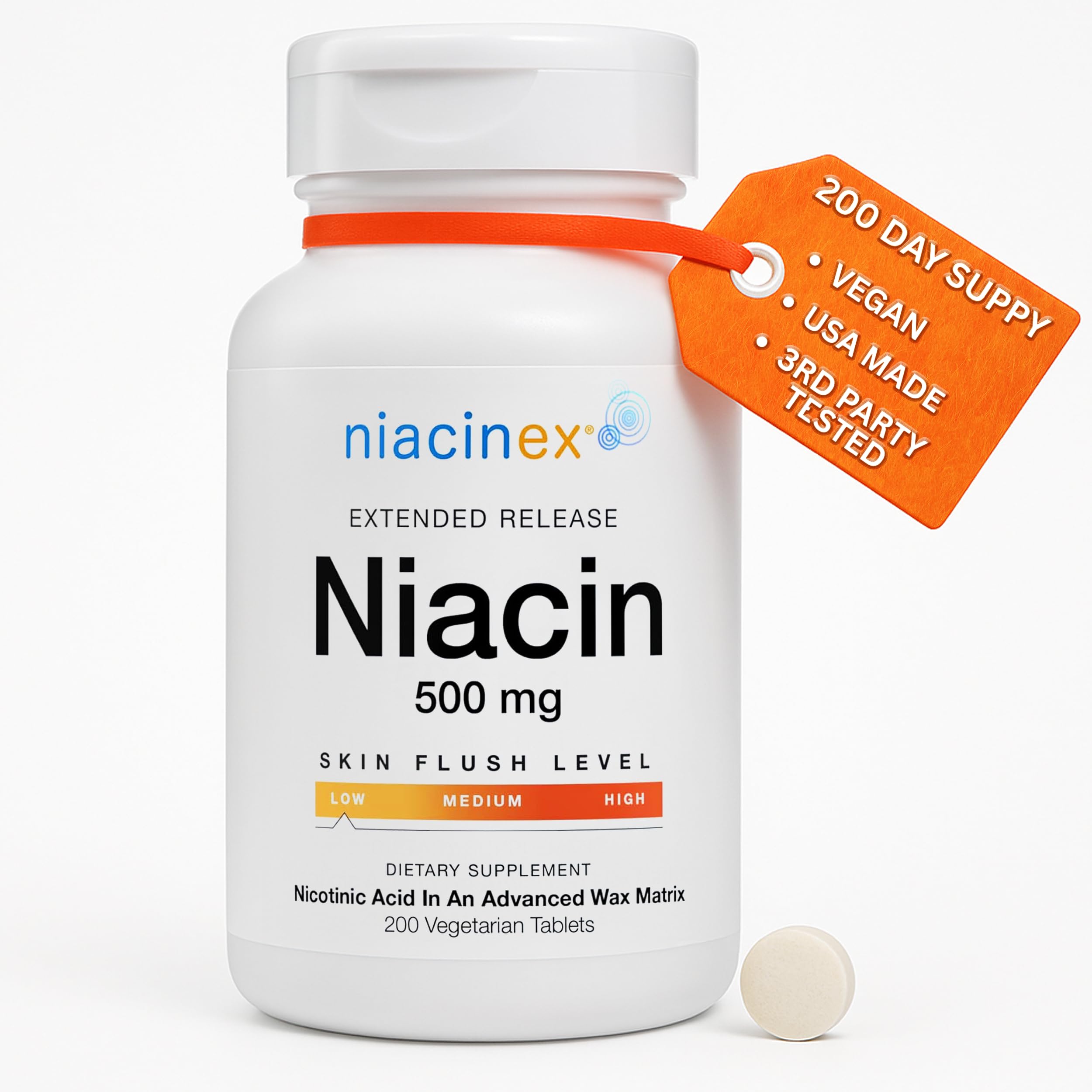 Niacin 500mg Extended Time Release, 200 Tablets, Minimal to No-Flush, Vitamin B3 Supplement - Cholesterol Balance, Nicotinic Acid Vegan, cGMP, made in the USA