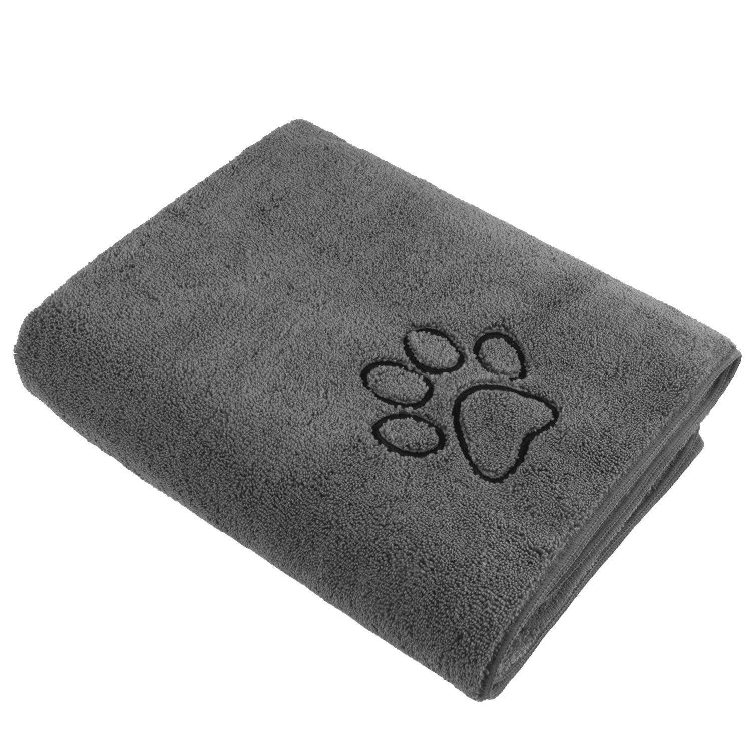 SUNLANDMicrofiber Pet Towel Absorbent Dog Drying Quickly Towel Soft Pet Bath Cloth Double Density Towels for Dogs and Cats with Adorable Embroidered Paw Print Grooming 30Inch x 50Inch Grey