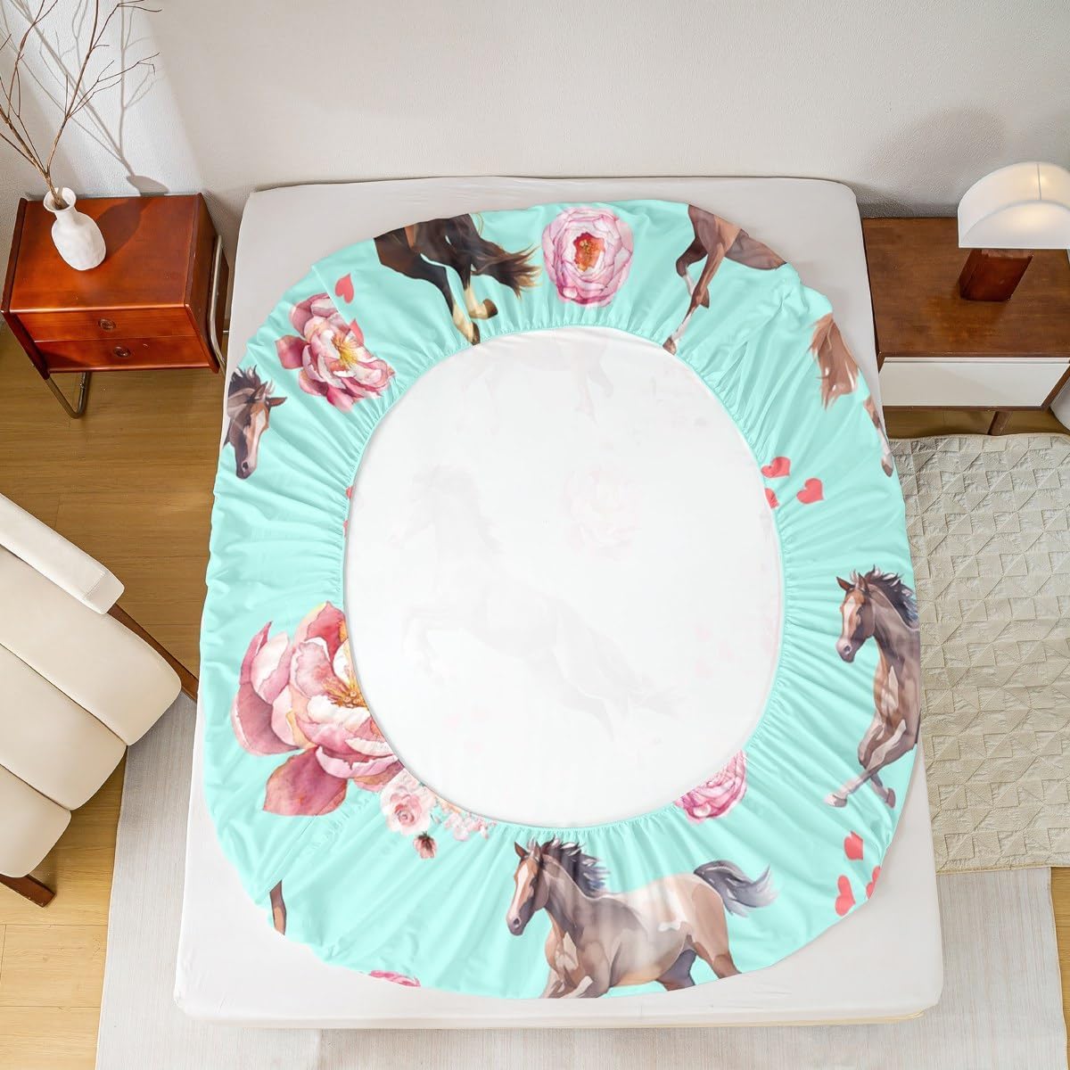Erosebridal Galloping Horse Bed Sheets Full,Girly Blue Romantic Rose Fitted Sheet for Girls Women,Watercolor Horse Bedding Set for Rustic Lodge Decor,Farmhouse Animal Bed Cover with 2 Pillowcases