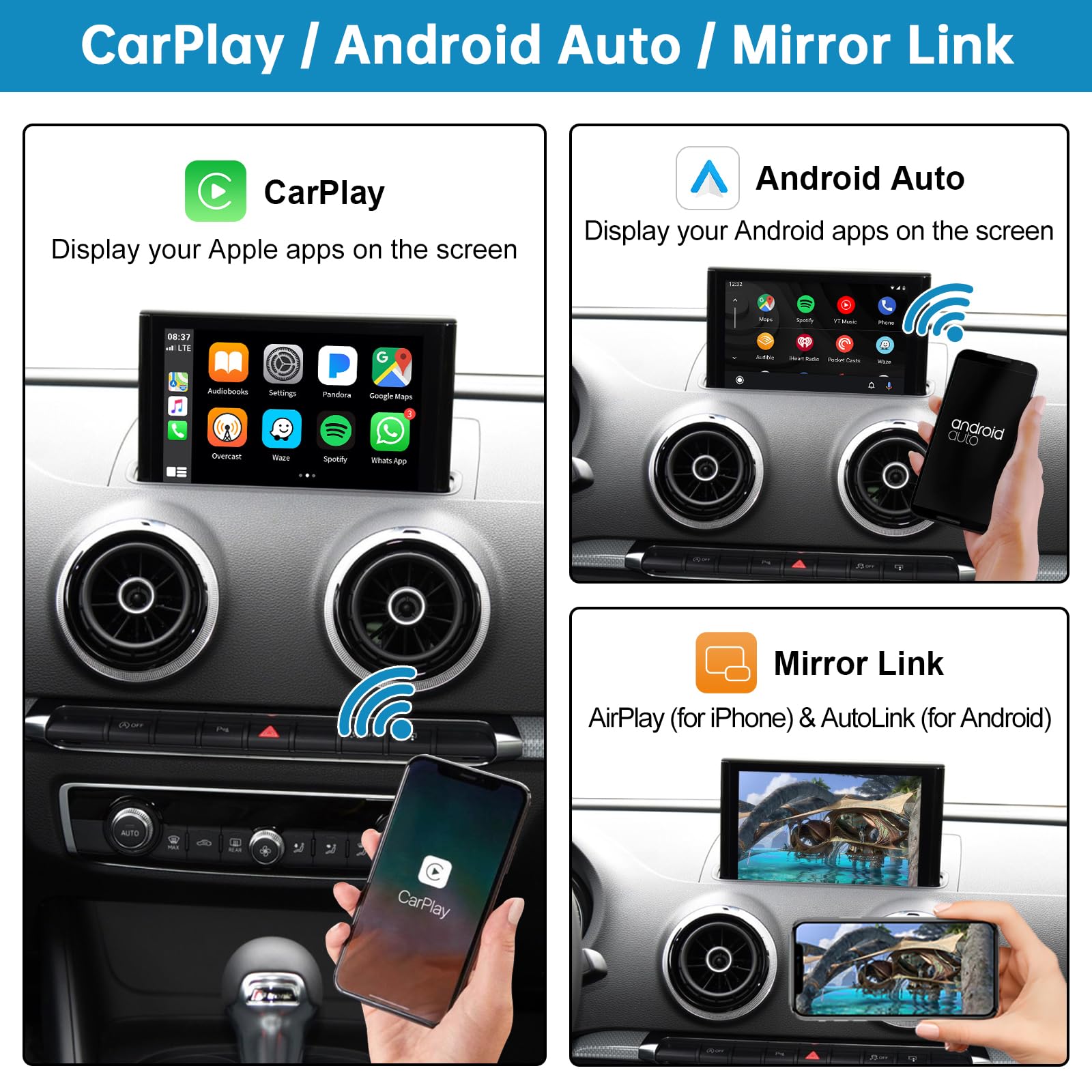 Kit retrofit Android Auto CarPlay wireless per 2013-2018 Audi A3/S3, modulo Carplay Box ricevitore supporto navigazione, mappe, musica, mirroring, fotocamera