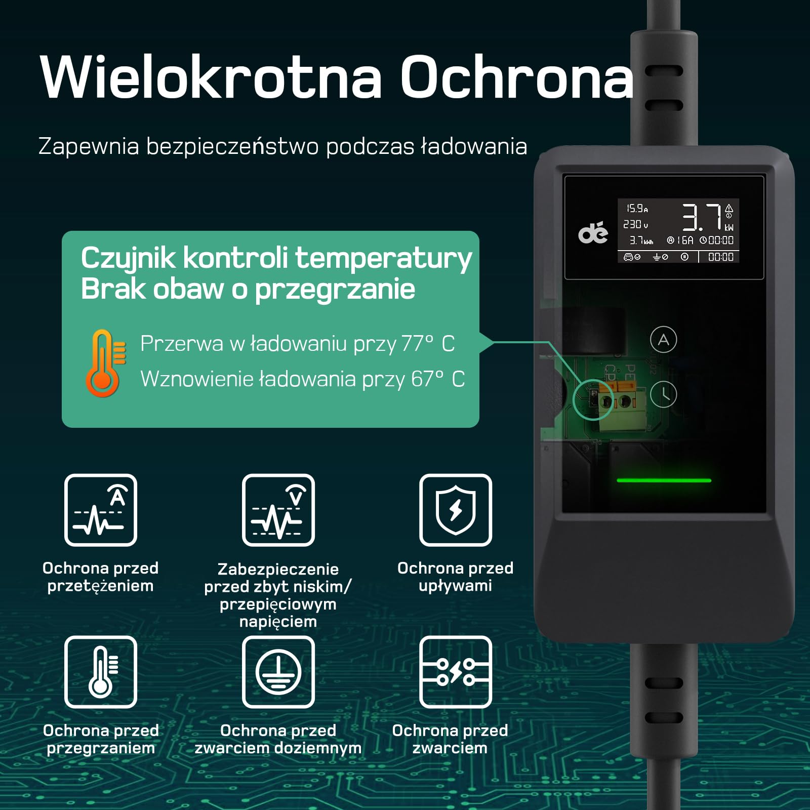 dé Ładowarka Samochodowa EV Typu 2 Schuko 3,7 kW [7m, 6-16A] z Uchwytami na Kabel i Wyświetlaczem LCD - Kompatybilna z Model 3/Y, ID.3/4/5, MG4, Q4