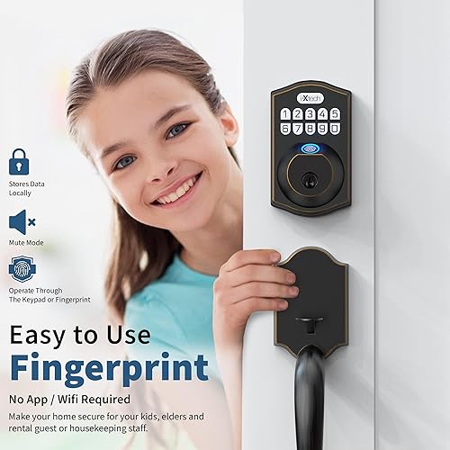 Miniatura 2 de IXTECH Juego de cerraduras de puerta con huellas dactilares, cerrojo de seguridad para puerta de entrada sin llave con mango y 2 llaves, bloqueo