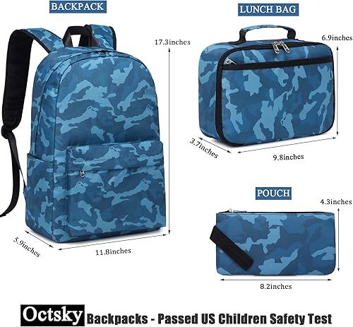 Miniatura 2 de OctSky Mochila infantil para niñas y niños con lonchera para lápices para escuela primaria, bolsas de viaje, #Camo Azul, Mochilas de camuflaje para