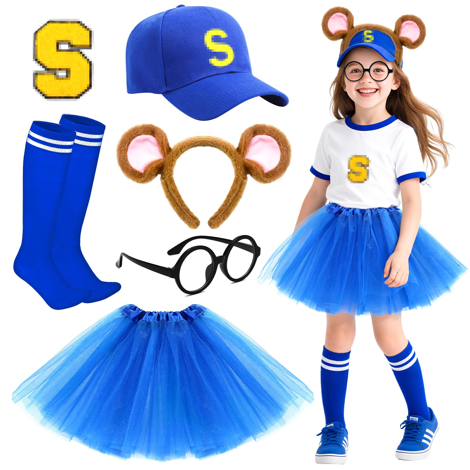 Jokureao 6Pcs Chipmunks Costume Set, Cartoon Chipmunk Outfit with Hat Glasses Headband Skirt Socks Patch