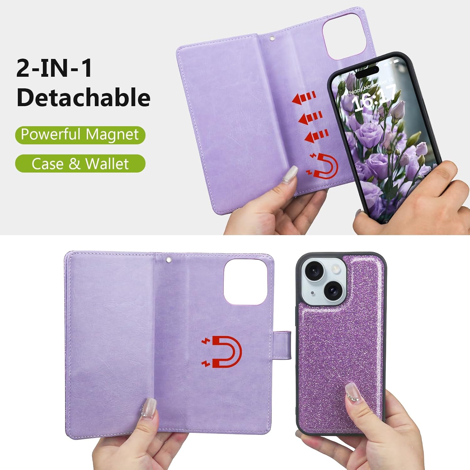 Varikke for iPhone 14 Wallet Case Detachable with Card Holder for Women, Fashion Glitter PU Leather Wrist Strap Strong Magnetic Flip Wallet Removable Phone Case Cover for iPhone 14 6.1", Light Purple - Image 3