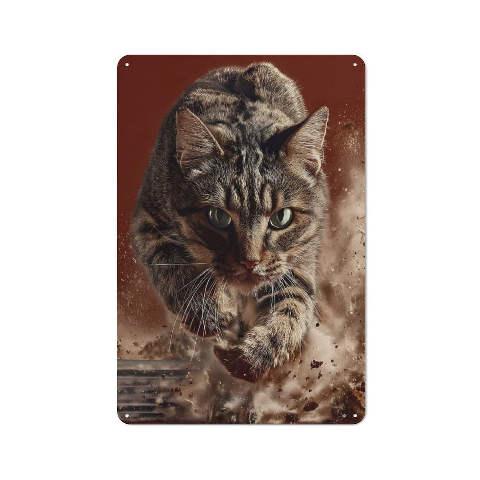Junmoney Style-9 Vintage Tin Sign 30X20cm With Focused Tabby Cat Leaping Forward For Guest Room Or Hallway, For Retro Home Interiors, For Garage And Workshop Walls