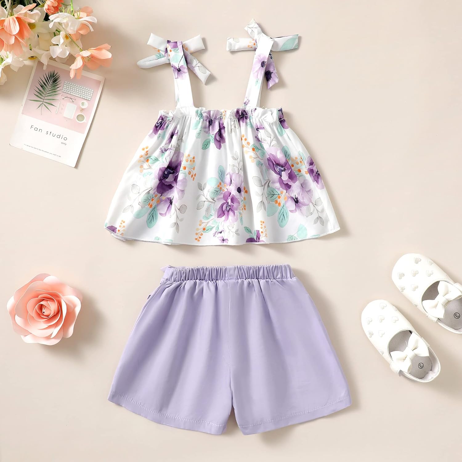 Kucnuzki Toddler Baby Girl Clothes Summer Outfits Ruffle Sleeveless Linen Shirt Kid Short Set for Girl - Image 3