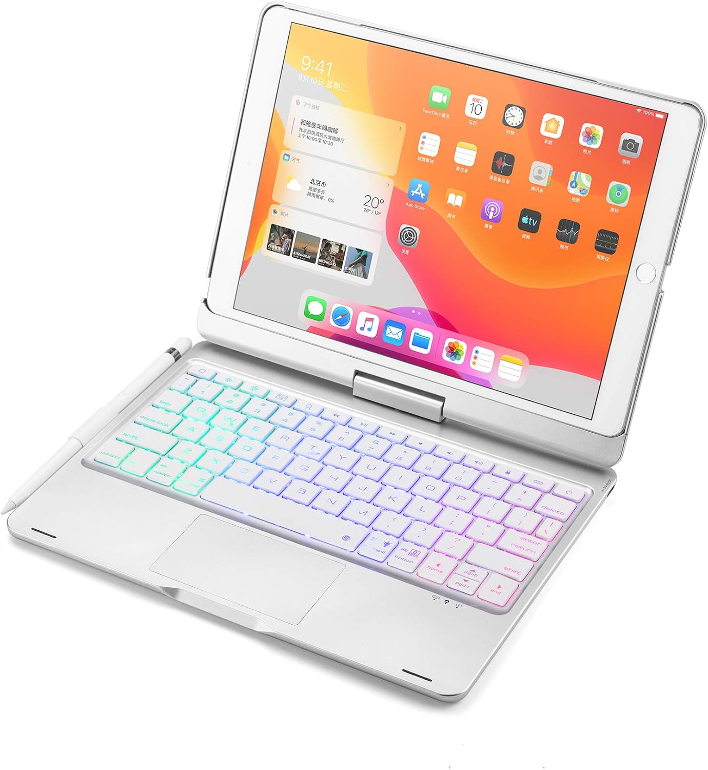 360 Rotatable Keyboard Compatible with iPad 10.2 inch (9th 8th 7th Gen 2021/2020/2019) Keyboard Case with Touchpad, Backlits Trackpad Keyboard Flip Case,Silver-Touchpad
