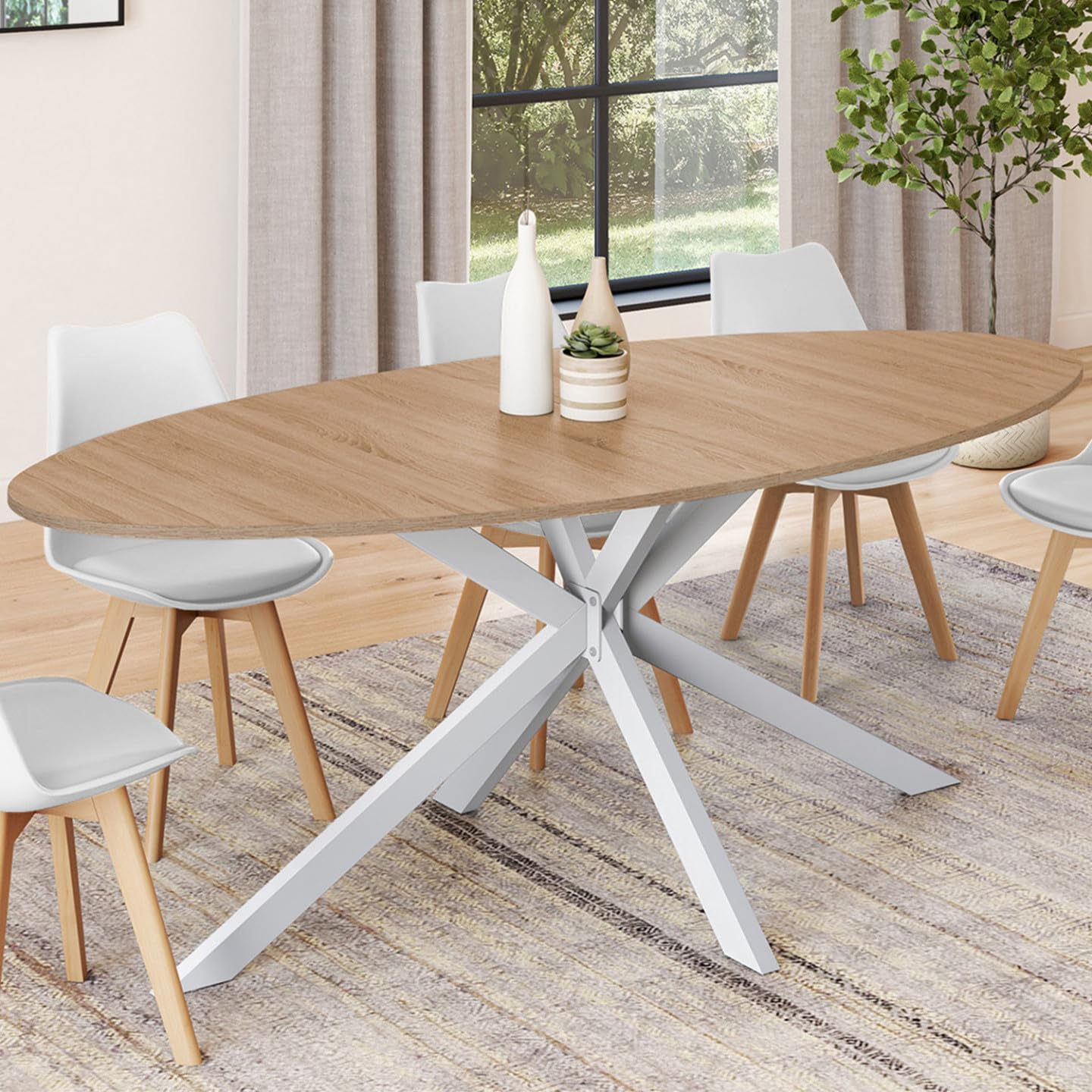 IDMarket - Table à Manger Ovale Alix 200 cm Pied araignée Bois et Blanc