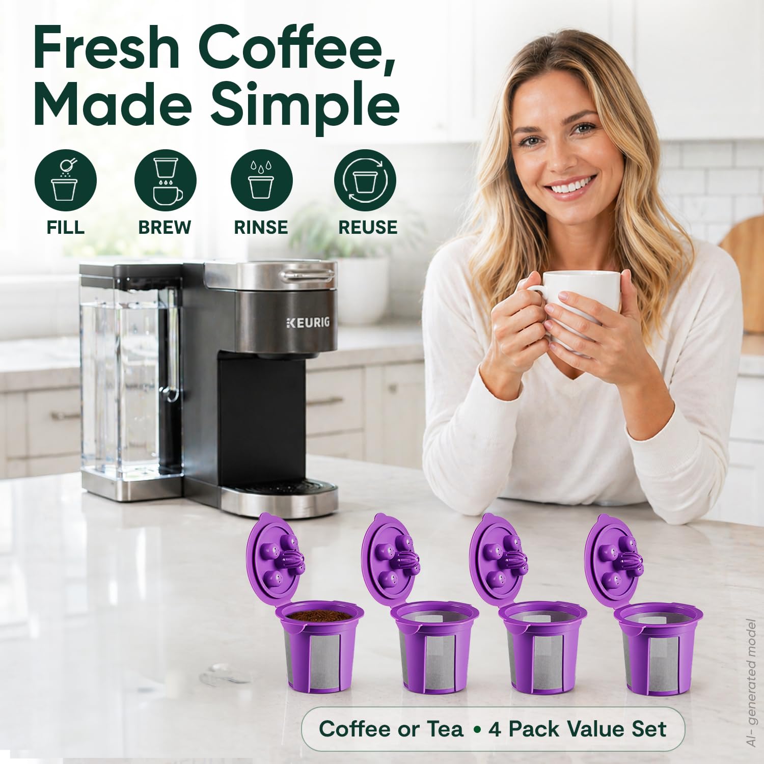 PureHQ Tazas K reutilizables para Keurig Supreme, K-Supreme Plus, K-Slim, Keurig Universal by - Kcup recargable para cafetera Keurig Supreme, filtro de cápsulas de café MultiStream, nuevo diseño