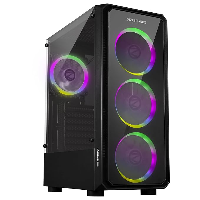 ZEBRONICS Invicta PRO Mid-Tower Premium Gaming Cabinet ATX/mATX/Mini ITX, 3X 120mm Front + 1x 120mm Rear Fan, RGB Halo Glow Ring Fan, Front & Side Tempered Glass Panel