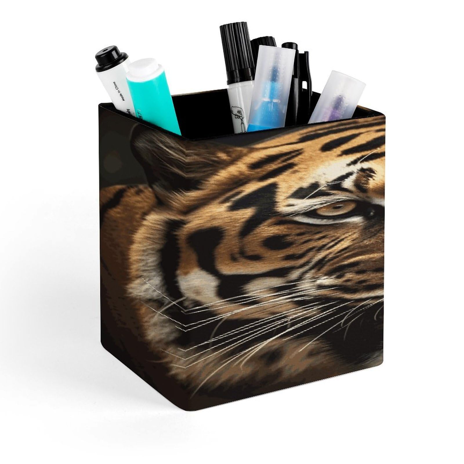 FekiLoot Tiger Pencil Holder for Desk Square Leather Pen Holder Cup Desktop Organizer Multi-Functional Pencil Cup Holders Modern Decorative Desk Organizer Caddy Makeup Brush Holders