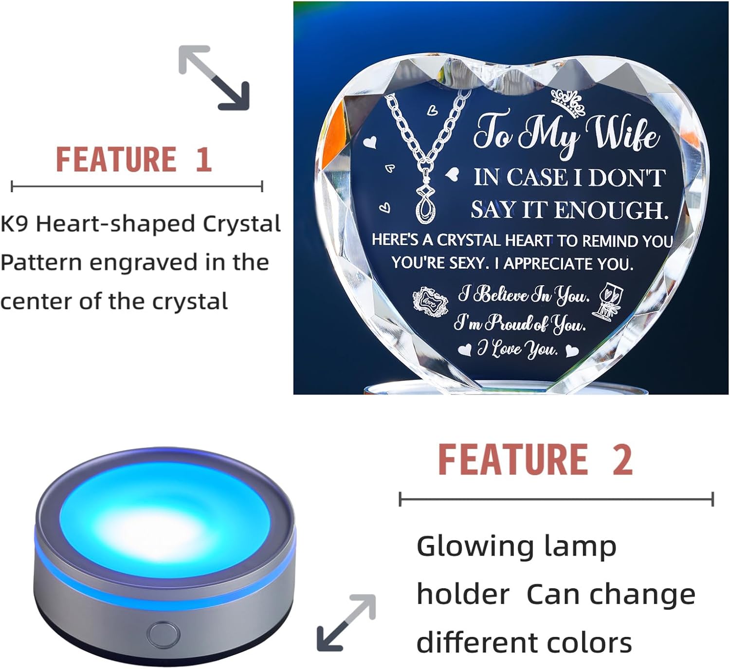 Romantic Crystal Heart Gift for Wife from Husband – Wedding Anniversary, Birthday, Valentine’s Day for Her with Colorful LED Light Base (Wife Gift 2) image 5