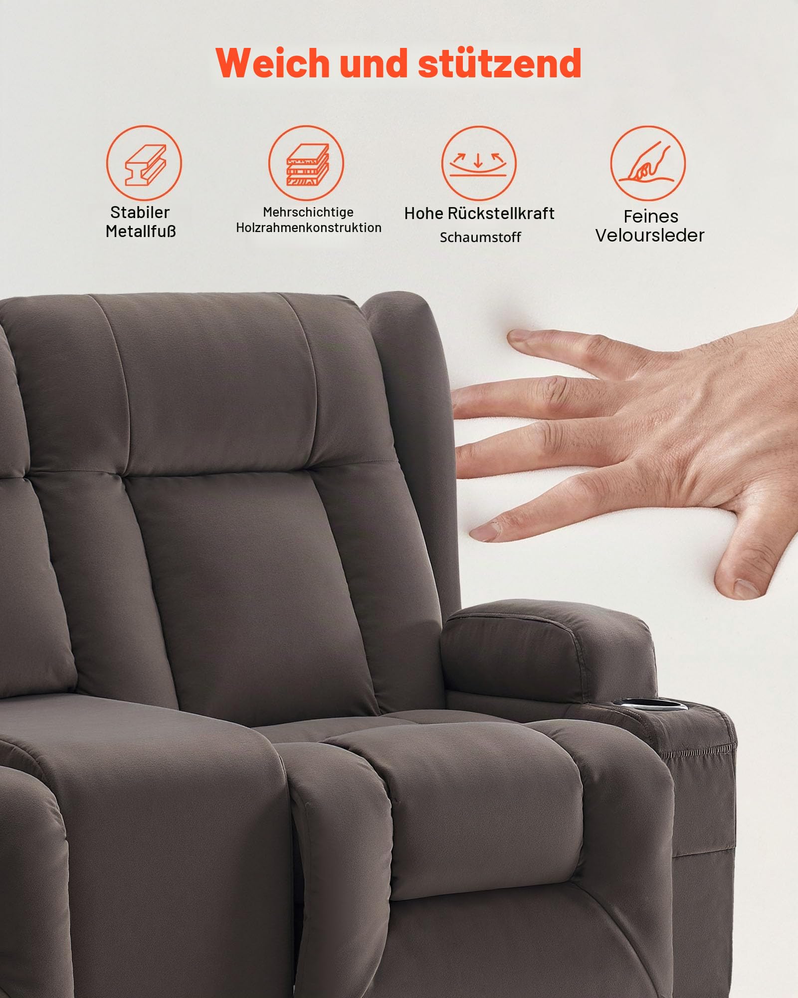 VEVOR Loveseat Relaxsessel elektrische Liegecouch mit Wärmefunktion & Massage, Massagesessel mit zentraler Steuerung & USB-Anschlüssen & Getränkehaltern & Seitentaschen, Sofa für Wohnzimmer Braun
