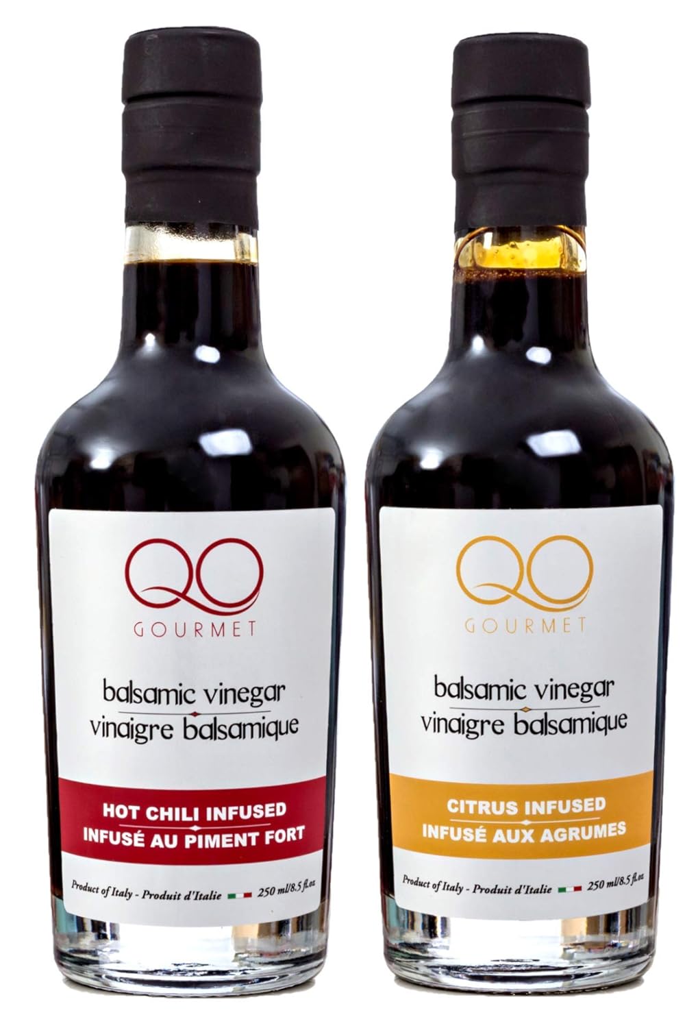 QO Gourmet Flavored Aged Italian Balsamic Vinegar of Modena Sampler Gift Set of 2 (Hot Chili / Citrus) Crafted in Modena
